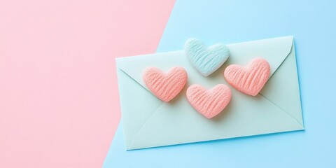 Poster - sugar hearts on an envelope, set against a pastel-colored background