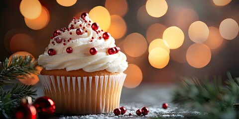 Aufkleber - Christmas treats. Cupcakes with a bokeh background. Cake. Festive sweets.