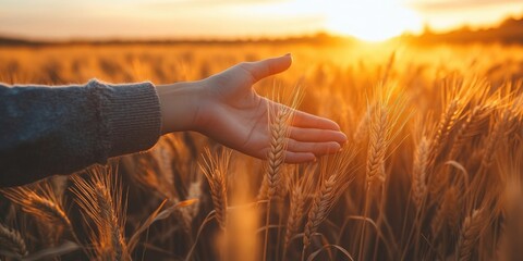 Aufkleber - A woman's hand reaching out to golden wheat in a wheat field during sunset.