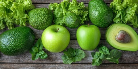 Canvas Print - Close-up of green vegetables and fruits - apples, avocado, lettuce, bell pepper, set against a rustic wooden background. Healthy food concept.