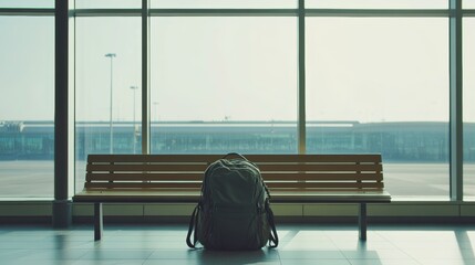 Poster - Backpack is standing near an empty bench in the waiting area of an airport terminal, with airplanes visible in the background