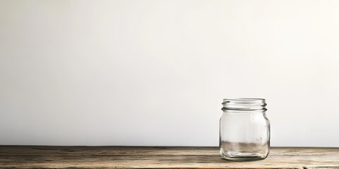 Poster - Clear glass jar on wooden table against a white wall backdrop. Copyspace, open area for text.