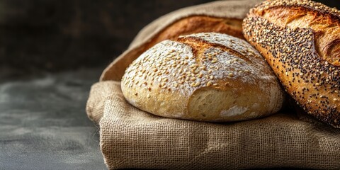 Poster - Freshly baked loaves of bread on a burlap background with a dark wooden surface. Close-up texture of Italian bakery products.