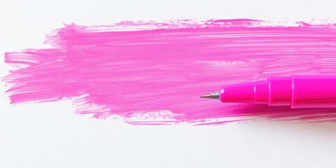 Poster - Bright electric fluorescent neon pink felt tip pen marker highlighter painting a large horizontal background, isolated on a blank empty white vertical copy space macro closeup.