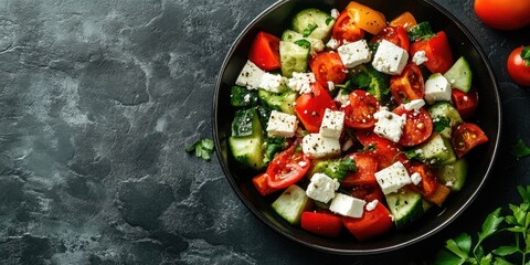 Poster - Fresh vegetable salad topped with feta cheese on a stone background.