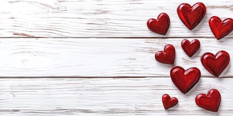 Poster - Valentine's Day, wedding, or other holiday decorations, frame background. Creating a handmade gift greeting card by painting red hearts on white wood. Top view, flat lay.