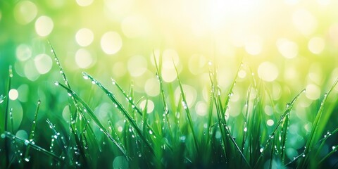 Aufkleber - Fresh grass with water droplets. Natural blurred background. Vibrant spring grass. Abstract backdrop.