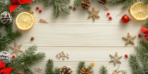 Poster - Traditional Christmas decorations on a bright wooden background. Top view, flat lay. Copy space.