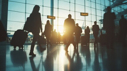 Poster - Business travelers are walking through a modern airport terminal with their suitcases. The sun is setting in the background