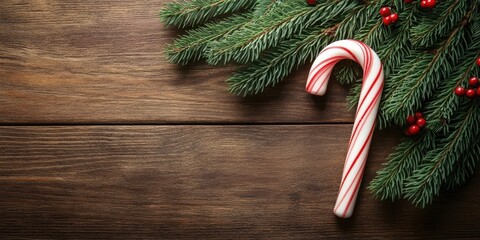 Poster - Christmas tree branch featuring a candy cane on a wooden table. Top view with copyspace.