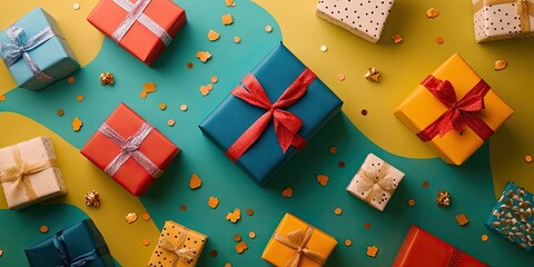Aufkleber - A collection of elegantly wrapped gift boxes on a vibrant background.
