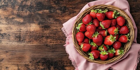 Poster - Fresh organic ripe strawberries. Sweet summer harvest fruit in a rustic style. Arranged on a wicker basket with a pink cloth napkin, set against a wooden board background, flat lay, copyspace.