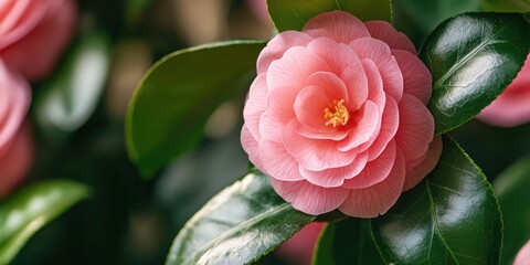 Poster - A close-up of a fresh, beautiful pink flower with green leaves. The image conveys themes of Valentine's, gifts, freshness, health, and natural organic elements with copy space.
