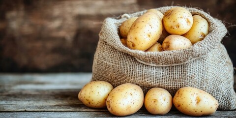Poster - Raw potato food. Fresh potatoes in a vintage sack on a wooden surface.