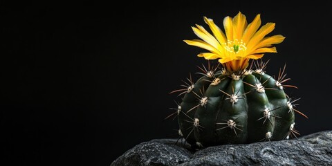 Poster - Astrophytum asterias Type V is a variety of cactus. It features a blooming yellow flower on a black stone. Vertical image, copyspace for text. Advertising concept ideas.