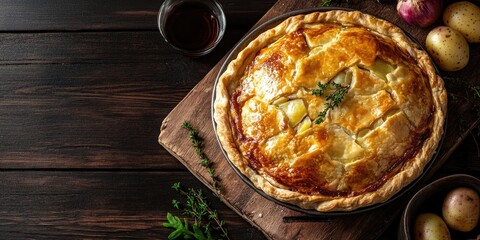 Aufkleber - Pie made with puff pastry, onions, and potatoes on a wooden board. Top view. Copy space for text.