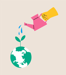 Watering plant, save earth. Green environment concept. Colorful vector illustration