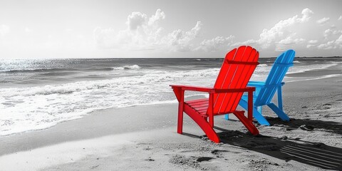 A red and blue beach chair by the sea, on the shore.