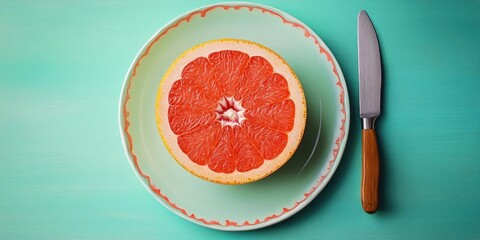 Aufkleber - Plate with a slice of ripe grapefruit and a knife on a colored background.