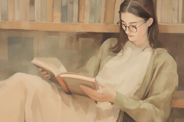 Girl reading book in the library painting art publication.