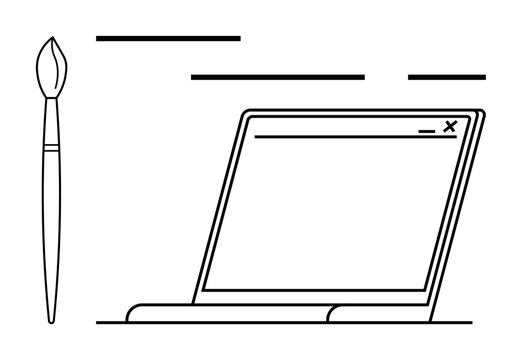A minimalistic line art of a paintbrush next to a laptop. Ideal for digital art, graphic design, creative tools, modern technology, and artistic innovation themes. Black white sketch style