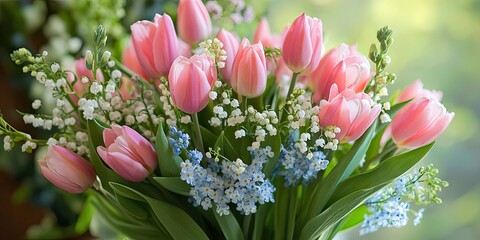 Poster - A bouquet featuring pink tulips, lily of the valley, and forget-me-not flowers.