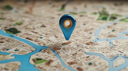 Poster - Map location pin on city map, detailed urban layout, waterways, buildings