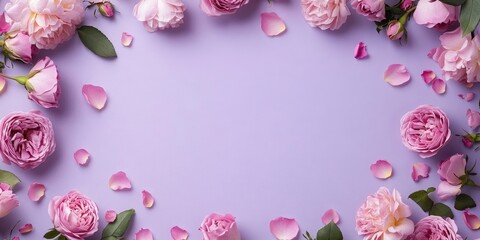Poster - Purple paper card with space for text or copy, framed by lovely pink delicate roses along with petals and leaves. Floral feminine note.