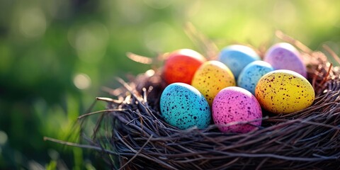 Aufkleber - Easter nest with colorful tiny eggs. Close-up of dyed eggs. Adorable Easter symbol. Simple minimalist design. Easter celebration.