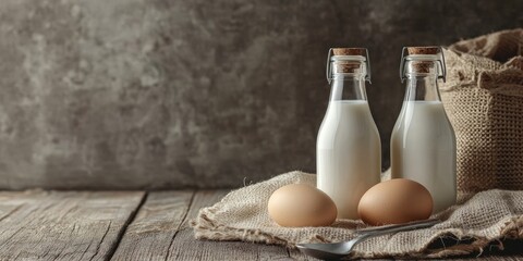 Aufkleber - Two glass bottles alongside a cup of milk. An egg with a fork and spoon placed on sackcloth for breakfast, set against a shop background, with copyspace for text.