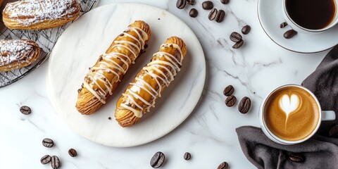Poster - Delicious glazed eclairs and cups of coffee on a white marble table, viewed from above. Area for text