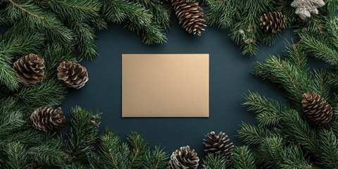 Poster - Christmas blank greeting card mock-up arrangement. Innovative setup featuring Christmas tree branches and a paper card note. Flat lay. Nature-inspired New Year theme.