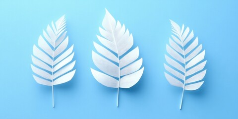 Poster - Three white hand-cut paper spiky feather leaves on a blue background.