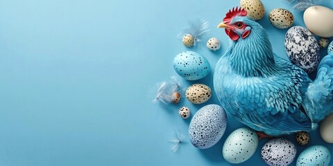 Poster - Easter painted blue chicken and quail eggs on a blue backdrop with copy space.