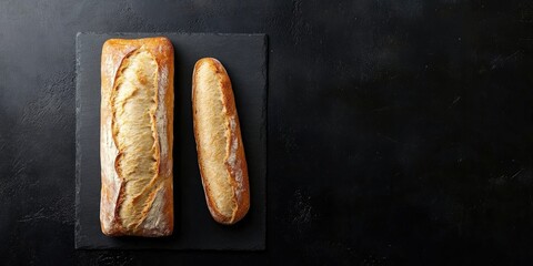 Aufkleber - Loaf of white bread and baguette on a black background top view copyspace.
