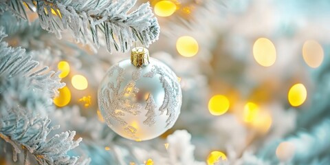 Leinwandbilder - Close-up of a decorative glass bauble on a white Christmas tree or pine, with blurred yellow flower lights in the bokeh background and copyspace.