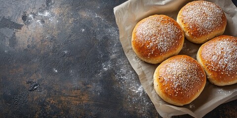 Poster - milk bun whole grain dough buns freshly baked goods Cooking appetizer meal food snack on the table copyspace food background rustic top view