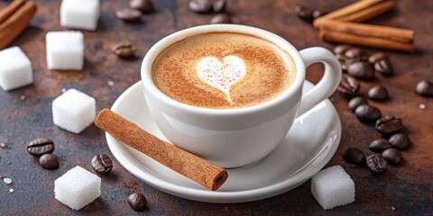 Aufkleber - Coffee Espresso. A cup of coffee with a sugar stick and cinnamon.