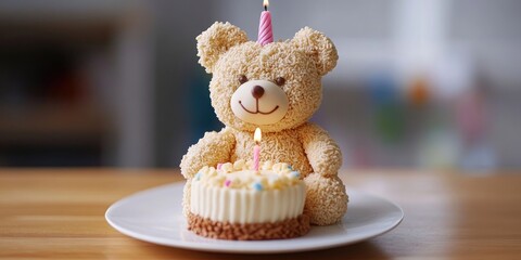 Poster - Adorable teddy bear birthday cake featuring a small birthday cake and a single birthday candle.