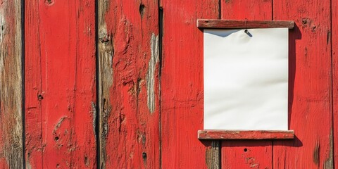 Poster - Old bulletin board featuring a blank white note on a red wooden wall.