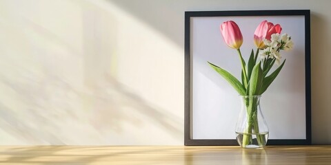 Aufkleber - Tulip flower in a glass vase next to a picture frame on a wooden table against the wall at home, close up, for a Mother's Day design theme.