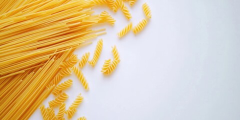 Poster - Spaghetti laid out on a white surface, with an area for text. Close-up.
