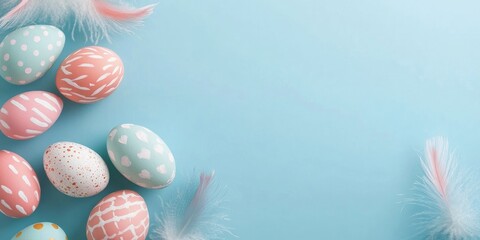 Aufkleber - Several painted Easter eggs adorned with feathers on a light blue background, arranged in a flat lay. Space for text.
