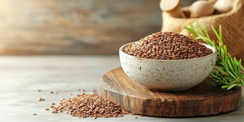 Poster - Healthy food concept: Organic flax seeds in a ceramic bowl on a wooden board with copyspace.