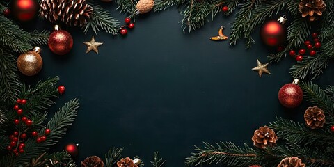 Aufkleber - Christmas frame created from fir tree branches and decorations on a black background with room for text. Wishing you a Merry Christmas and a Happy New Year. Xmas theme. Top view. Copyspace.