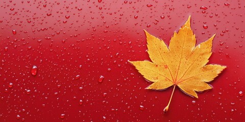 Poster - autumn maple leaf on a glass surface with raindrops on a red background. banner