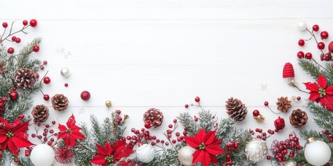 Aufkleber - Christmas holiday arrangement with decorations on a white wooden surface background, featuring copy space for your text. Flat lay, top view.