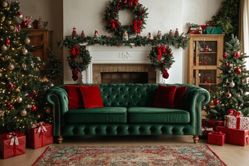 Wall Mural - Stylish christmas living room interior with green sofa, white chimney, christmas tree and wreath, stars, gifts and decoration. Family time. Template, Generative AI