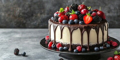Aufkleber - Cake with cream cheese, chocolate, and fresh berries on a turntable against a grey background. Side view, copyspace.