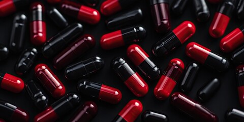 Poster - a collection of black and red medicinal capsules